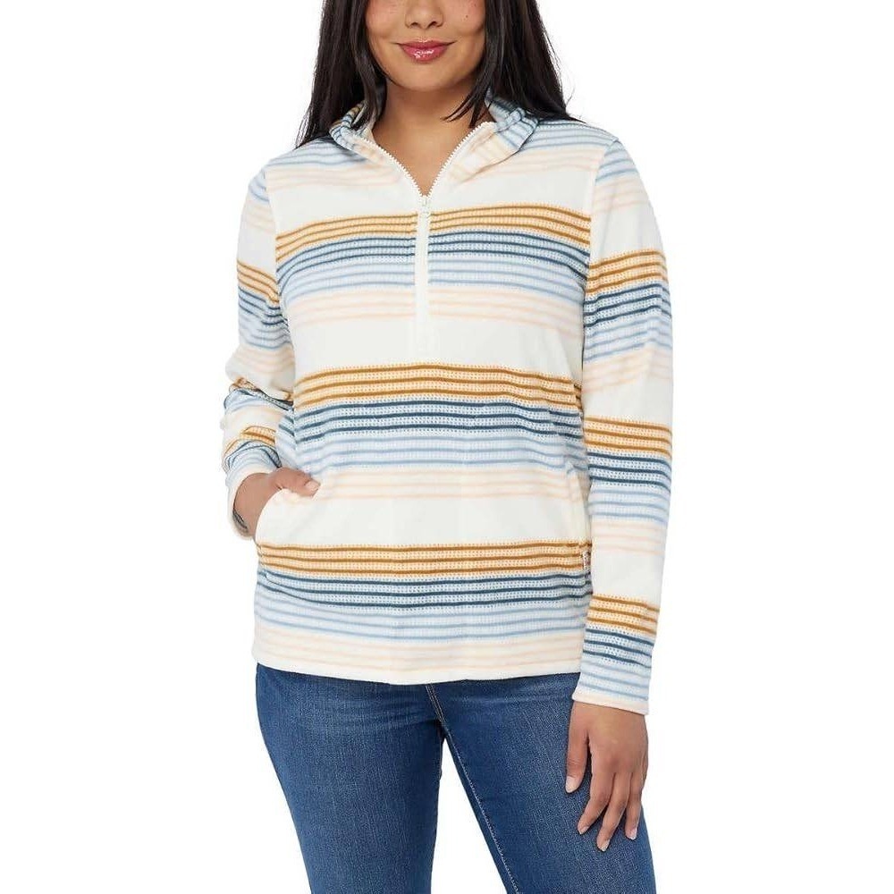 O'Neill Sweatshirt Womens Large Julia Pullover Hoodie White Blue Striped Fleece
